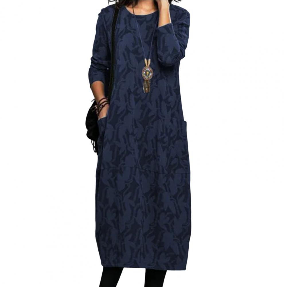 Women Midi Dress for Women 2023 Vintage Print Long Sleeves Crew Neck Dress Spring Autumn Loose Double Pockets Dress Streetwear