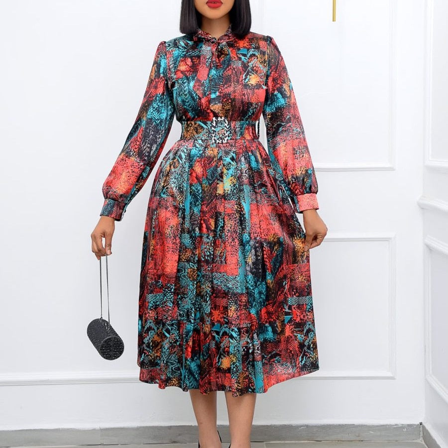 Hoobd Women Printed A Line Dresses Long Lantern Sleeves with Bowtie Vintage Retro Pleated Modest African Ladies Spring Classy Elegant