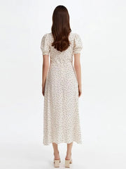 Women Vintage Dot Print Side Split A-line Party Dress Puff Sleeve Square Collar High Street Elegant Casual Dress 2023 Summer New