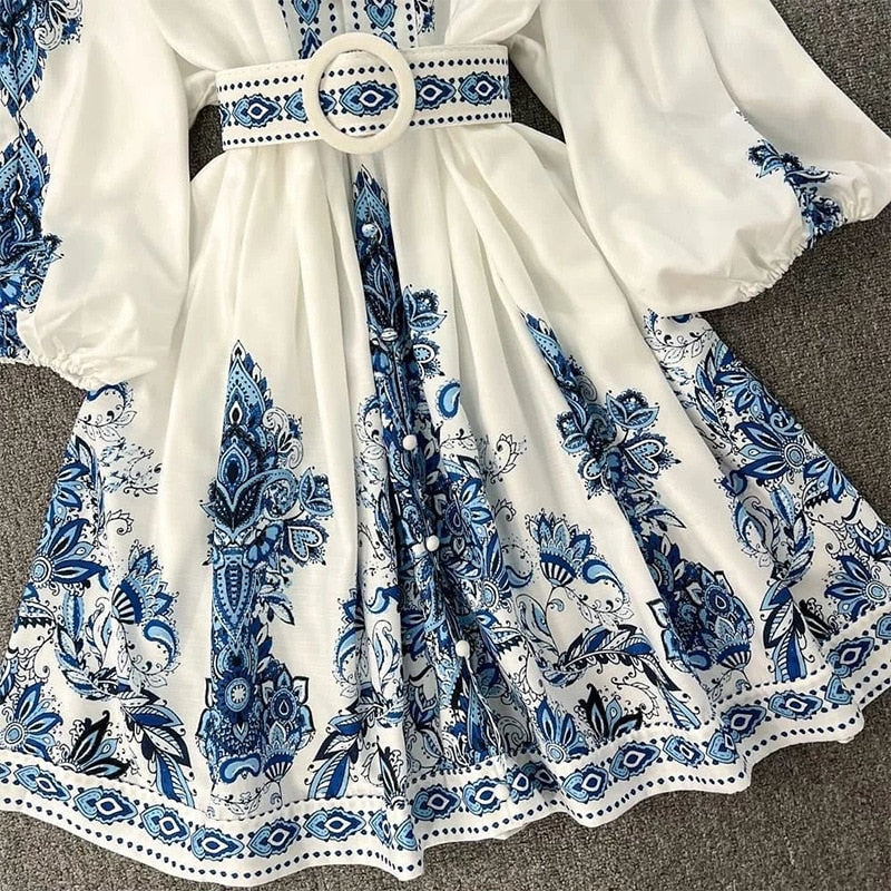 Women Bohemian Dress 2023 Spring Summer Print Long Lantern Sleeve V Neck Corset Slim Button Pleated Dress Women Vacation Dress
