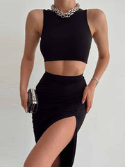 Women Sexy Solid Color Two-piece Set Women's Sleeveless O-neck Vest and High Waist Split Long Slit Skirt Suit  2022 Summer