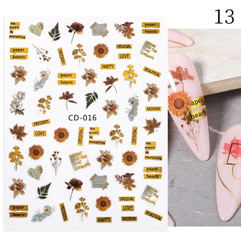 Hoobd1pcs Gold iridescent Maple Leaf 3D Nail Sticker Fall Autumn Pattern Adhesive Transfer Stickers Shiny DIY Nail Art Decoration
