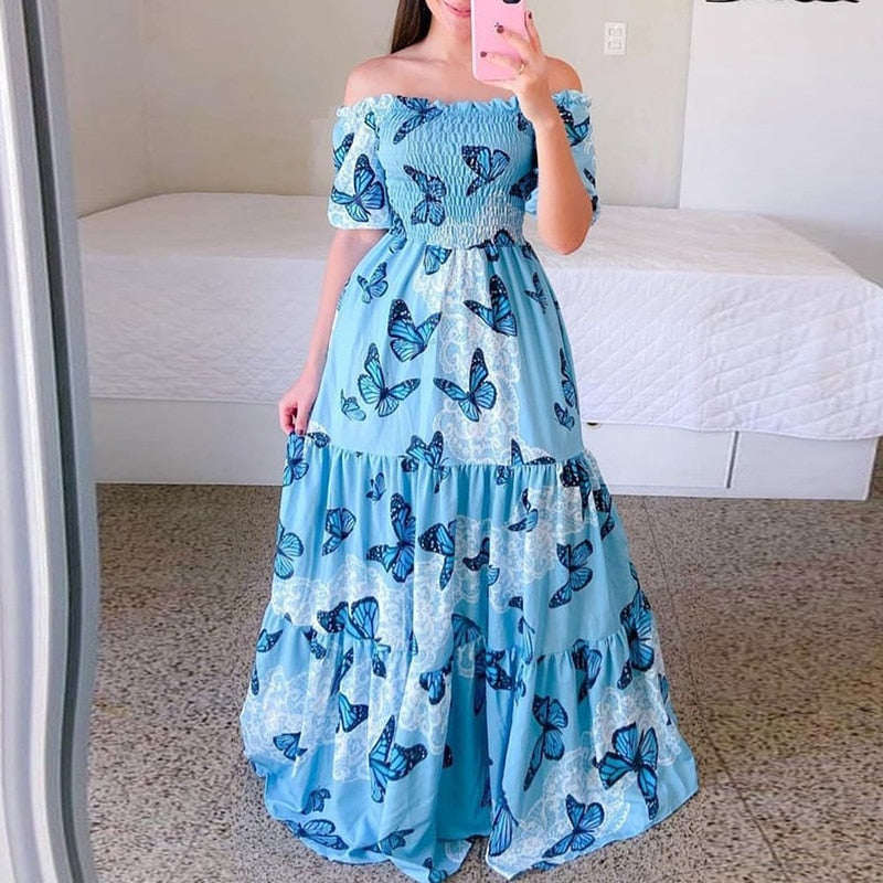 Hoobd Sexy Off The Shoulder Tube Top Dress Butterfly Rainbow Floral Print Dress Ladies Elegant Slim Summer Bohemian Party Maxi Dresses