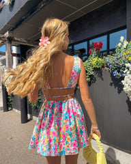 Hoobd New Backless Sexy Women Mini Dress Sleeveless V Neck Backless Flower Print Summer Club Party Dress Sundress Streetwear S M L