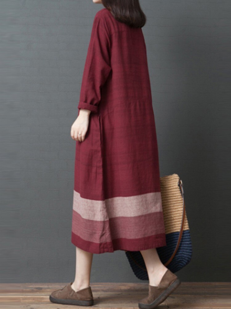 Women Casual Dress New Arrival 2023 Autumn Vintage Style O-neck Loose Comfortable Female Cotton Linen Long Dress B2881