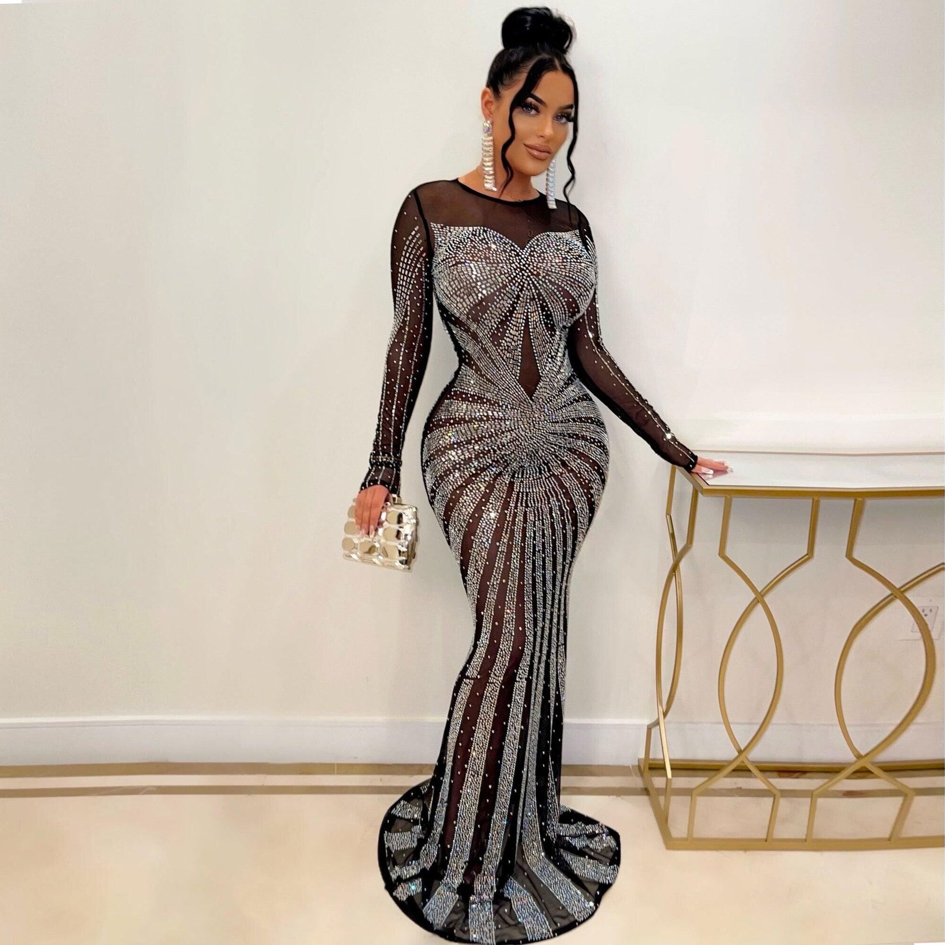 Hoobd Sexy Rhinestones Floor-length Evening Dresses Luxury Elegant Women's O-neck Long Sleeve See-through Mesh Night Club Long Dress