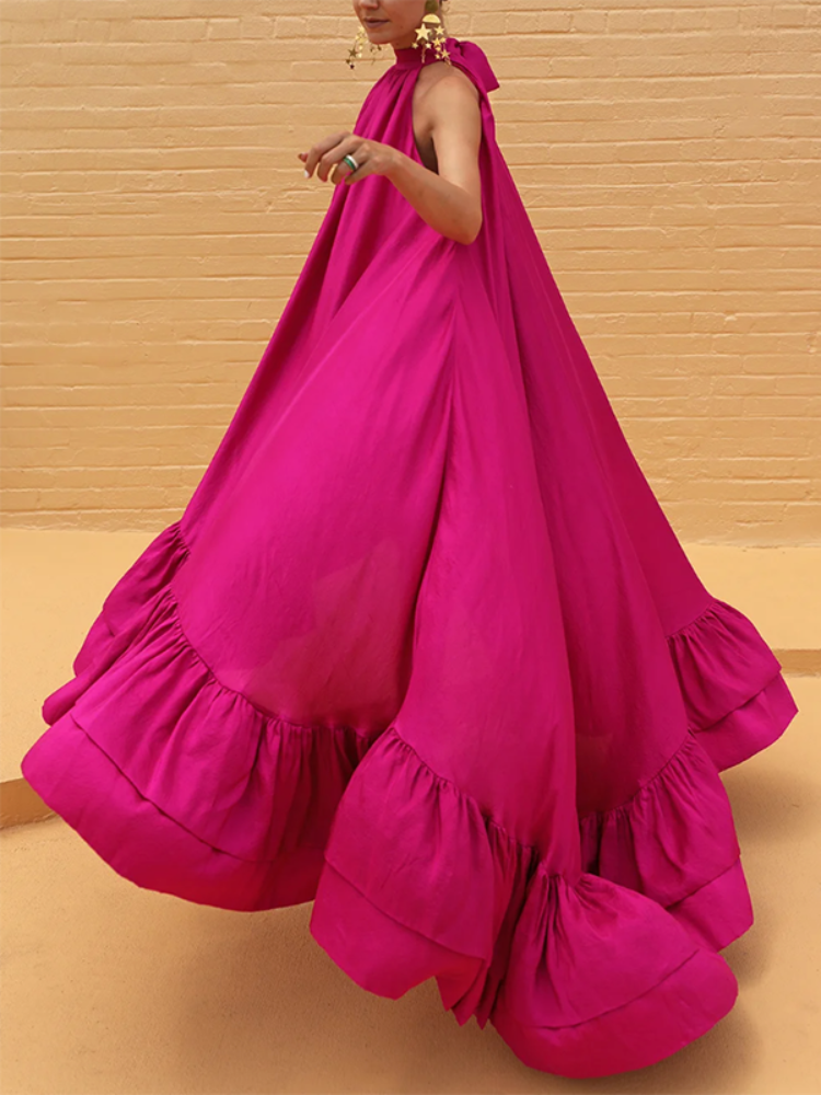 Lemongor Female Fashion Solid Color Stand Collar Falbala Mermaid Dress 2023 Summer Sleeveless Vacation Maxi Dresses For Women