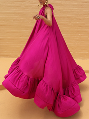 Lemongor Female Fashion Solid Color Stand Collar Falbala Mermaid Dress 2023 Summer Sleeveless Vacation Maxi Dresses For Women