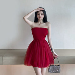 Red White High Waist Mesh Dress Women Backless Short Party Club Wear Sexy A-line Ball Bown Dress Sleeveless Summer