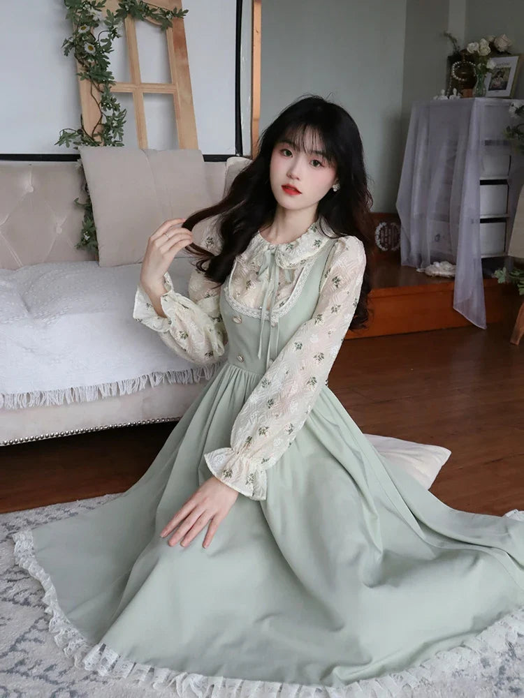 Green Elegant Vintage Strap Dress Women 2024 Spring Lace Evening Party Midi Dresses Ladies Retro Korean Sweet Kawaii Fairy Dress