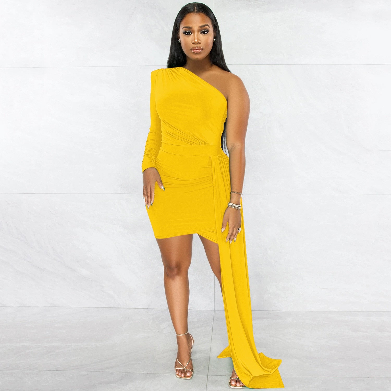 Hoobd Fall Party Dresses For Women 2023 Fashion Royal Blue Single Sleeve Long Strap Accent Mini Dresses Summer Womens Ruched Bodycon Party Dress Sexy Clubwear