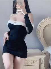 Cute Loli Tight Mini Dress Strapless Long Sleeve Slim Hip High Waist New Sexy Sweet Spicy Black Elegant Korean  8G3B