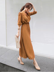 Hoobd Elegant Chiffon Long Sleeve Shirt Dress Women Belt Lace Up A-line Pleated Maxi Dress Korean Fashion Fall Clothes Streetwear