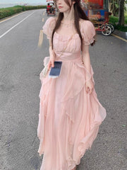 French Fairy Chiffon Midi Dress Women Short Sleeve Casual Boho Beach Sundress Women Pink Elegant Korean Dress Summer Chic