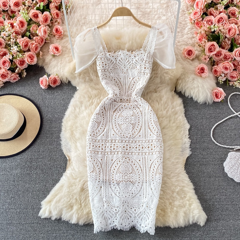 Hoobd White Lace Dresses for Women Summer 2023 New Puff Sleeve Square Collar Back Zipper Hollow Out A-Line Evening Midi Dress