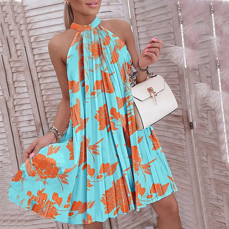 2023 Casual Spring Summer Women Dress Print Square Collar Sleeveless Tank Shirring Slit Sheath Ankle-Length Beach Style Dresses