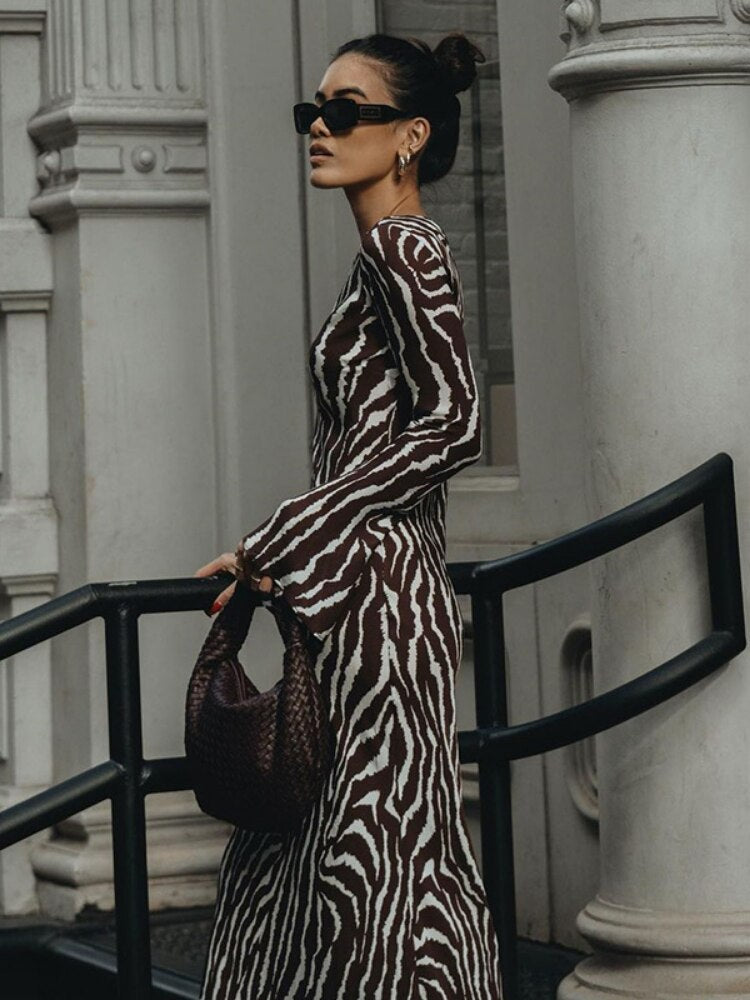 Hoobd2023 Autumn Elegant Zebra Print Maxi Dress For Women Sexy See Through Long Sleeve Bodycon Club Party Dress Spring Casual Dress
