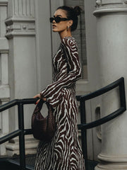 Hoobd2023 Autumn Elegant Zebra Print Maxi Dress For Women Sexy See Through Long Sleeve Bodycon Club Party Dress Spring Casual Dress