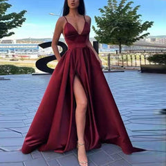 Spaghetti Straps Side Slit Floor Length Evening Dress