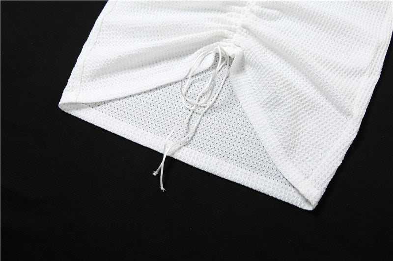 Hoobd Sexy Hollow Out Mini Dress Women Fashion Strap Ruched Bodycon Beach Dresses 2023 Summer White See Through Night Club Outfits