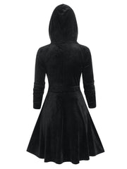 Hoobd Animal Hooded Zip Up Velour Dress A Line Mini Solid Color Long Sleeve Coat Robe For Women Fall WInter