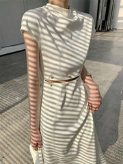 Elegant White Long Dress Female Round Neck Short Sleeve High Waist Cut Out Midi Dresses For Woman Clothing Fashion