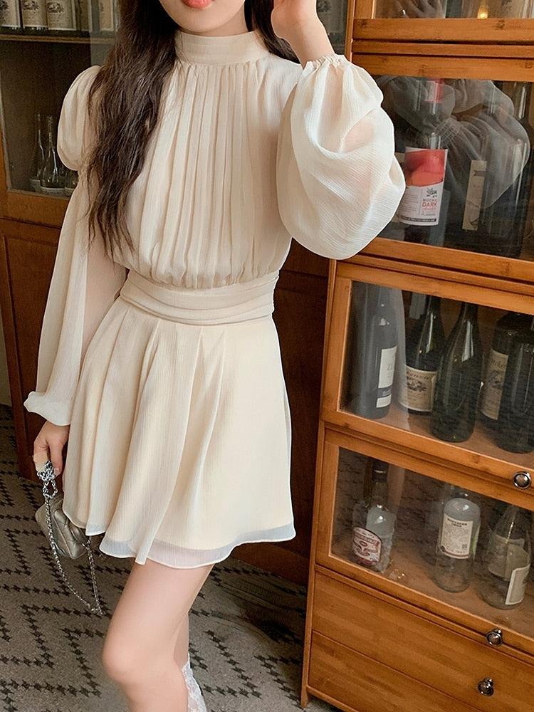 2023 Spring Sweet 2 Piece Dress Set Women Long Sleeve Blouse Y2k Mini Dress Office Lady Elegant Korean Fashion Suits Pure Color