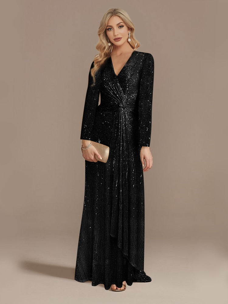 Hoobd Luxury Long Sleeve V-Neck Evening Dress Party Women Wedding Sequins For Female Guests Blue Prom Cocktail Dresses