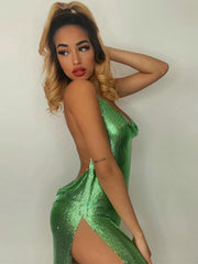 Hoobd Summer Clothes Bling Glitter Women Halter Mini Dress Side Slit Backless Bodycon Sexy Streetwear Party Club Festival