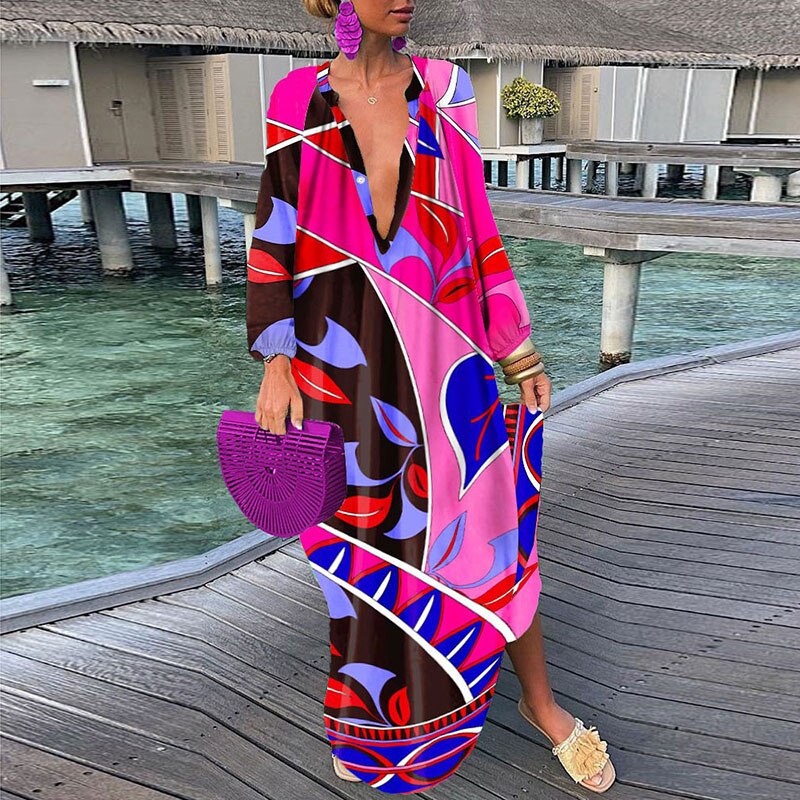 Hoobd Women Elegant V Neck Loose Party Dress Lady Retro Printing Long Sleeve Holiday Dress Autumn Casual Femme Dress Streetwear