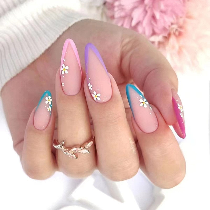 24Pcs Pink Round Head Almond Fake Nails with Heart Shape Rhinestone Wearable Ballerina False Nail Tips Full Cover Press on Nail