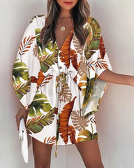 2023 Summer Boho Dresses Women Casual Flora Print Batwing Sleeve Lace-Up Dress Sexy V Neck Loose Ladies Beach Mini Dress Vestido