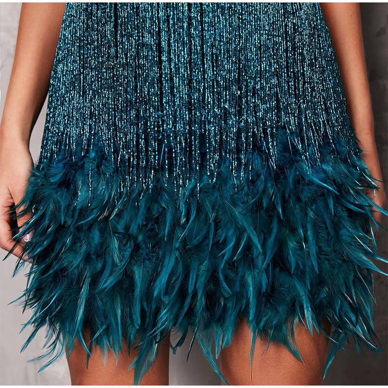 Hoobd Sequins Tassel Feather Spaghetti Strap Dress Women Fashion Sexy Stitching Mini Dresses Ladies Evening Party Club Elegant Dress