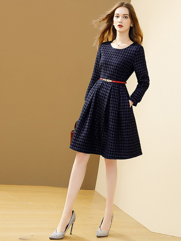 Dress Women 2023 Spring Navy Blue Bird Lattice Elegant Autumn A-line O-neck Slim With Belt Dresses Casual Vestidos