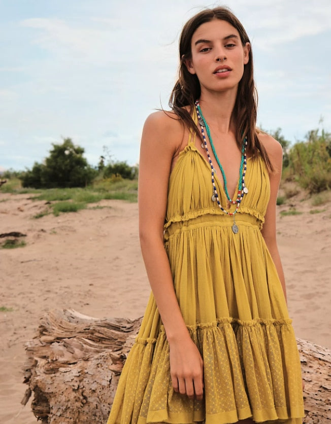 Hoobd summer dress cotton lace pleated halter backless beach dresses V-neck sexy dress women bohemian vestidos 2023