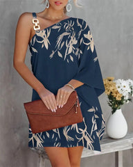 Hoobd Sexy One Shoulder Dress Women 2023 Fashion Printed Loose Office Mini Dresses Casual Straps Batwing Sleeve Beach Party Dresses