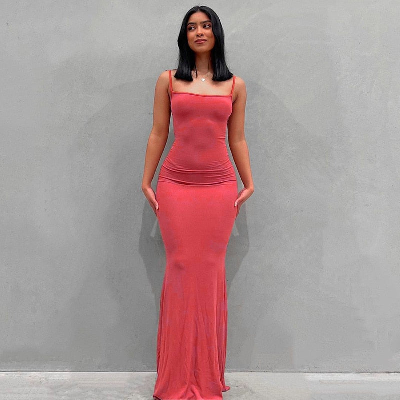 2023 Summer Women Sexy Spaghetti Strap Black Skims Long Dress Y2k Sleeveless Solid Skinny Bodycon Trumpet Maxi Dresses Vestidos