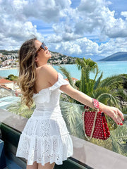 Beach Style Vacation Summer Dress Women Clothes  Sweet White Cutwork Embroidery Dress Ruffle Trim Off Shoulder Short Dresses