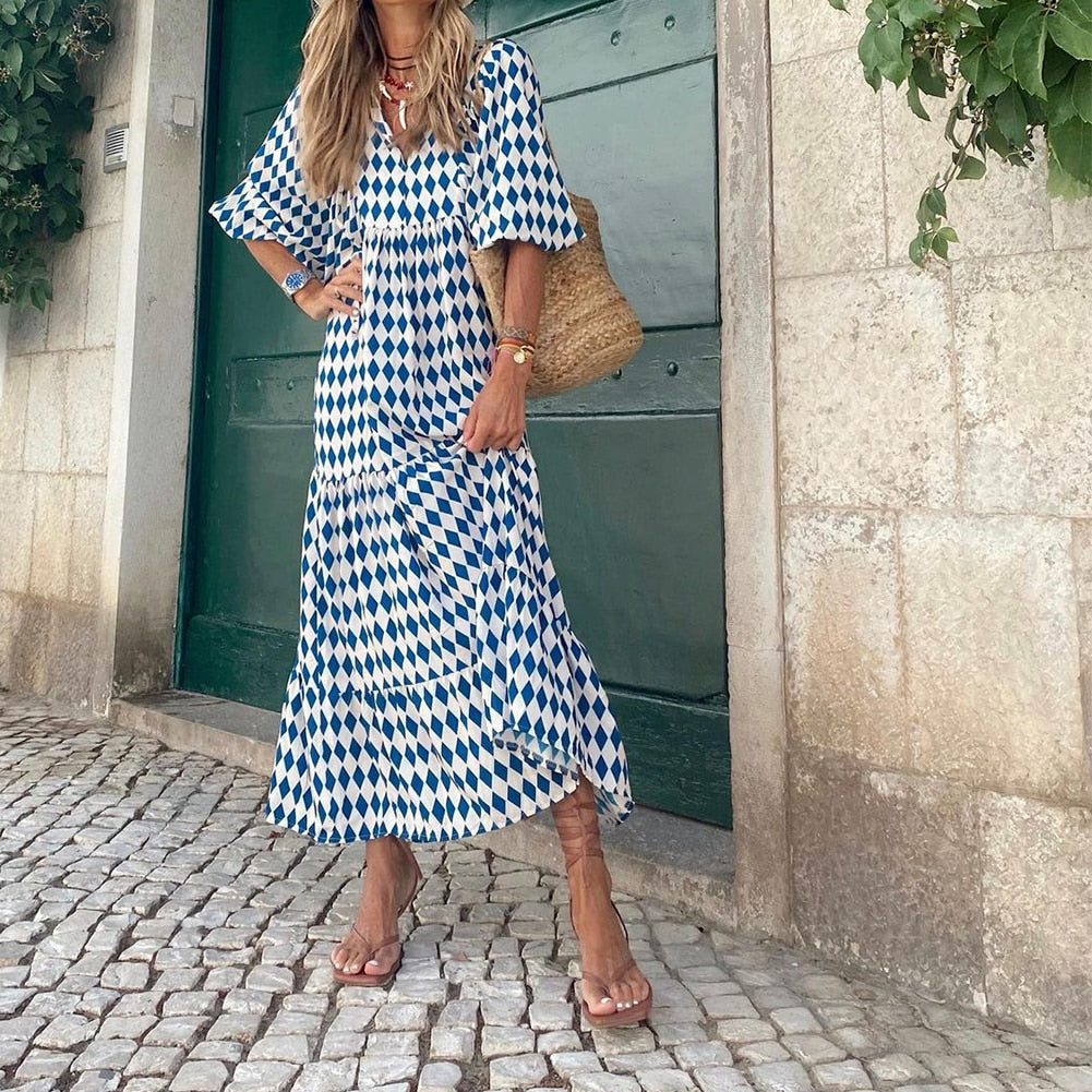 Women Vintage Bohemian Printing Beach Dress Fashion Bubble Sleeves V-Neck Long Dress Spring Summer Female Casual Loose Dresses