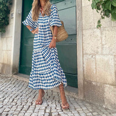 Women Vintage Bohemian Printing Beach Dress Fashion Bubble Sleeves V-Neck Long Dress Spring Summer Female Casual Loose Dresses