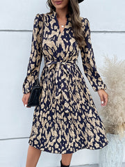 2023 New Fashion Women's Spring Pleated Print V Neck Long Sleeve Dress For Ladies Lace Up High Waist Dresses