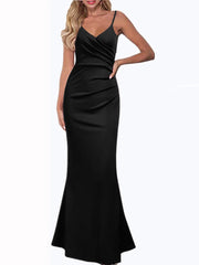 Hoobd2023 Draped V-Neck Classy Evening Long Dress Women Black Satin Formal Dress Sleeveless Floor-Length Sexy Bodycon Dresses robe