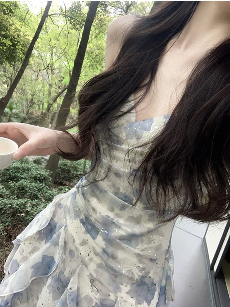 2023 Summer Chiffon Floral Midi Dress Women Casual V-Neck Beach Style Sundress Office Lady Even Party Midi Dress Korean Chic