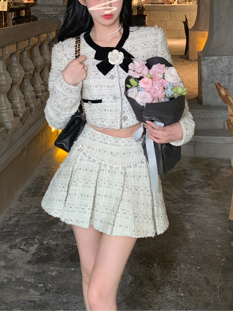Hoobd2 Piece Dress Sets Women Autumn Office Lady Elegant Crop Jacket Coats + Mini Skirt Causal Chic Korean Fashion Blazers Suits