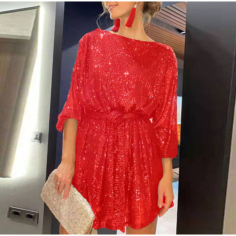 Hoobd Women Solid Sexy Sequins Mini Dress Female Fashion Long Sleeve Clothes Lady Elegant Evening Party Club Festival Dress