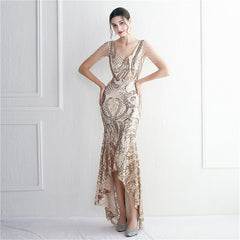 Elegant Women Beading Sleeve Long Prom Mermaid Dress Sexy Deep V Neck Sequin Evening Party Maxi Dress