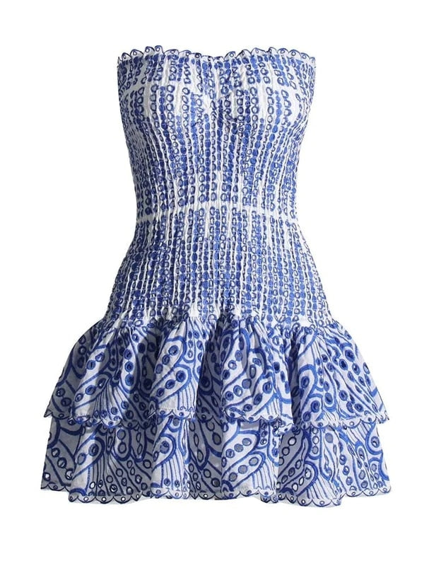 Hoobd off shoulder dress for women strapless smocked bodice embroidered mini summer dress new cotton summer dress party
