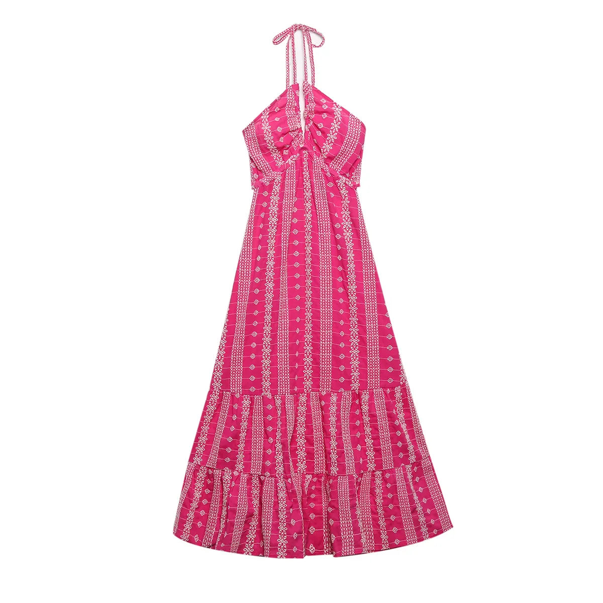 Long Beach Dresses For Women  Boho Cutwork Embroidery Summer Dress V Neck Sleeveless Halter Strap Sexy Backless Midi Dress