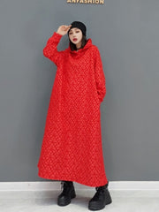 Hoobd2023 Autumn Winter New Leisure Jacquard Craft Hooded Dress Women Pure Color Large Size Pullover Dress Black