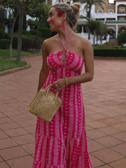 Long Beach Dresses For Women  Boho Cutwork Embroidery Summer Dress V Neck Sleeveless Halter Strap Sexy Backless Midi Dress